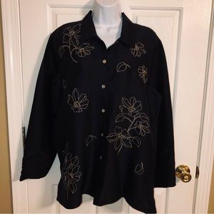 New Coldwater Creek Navy 100% Silk Embroidered Shirt Jacket - Size L